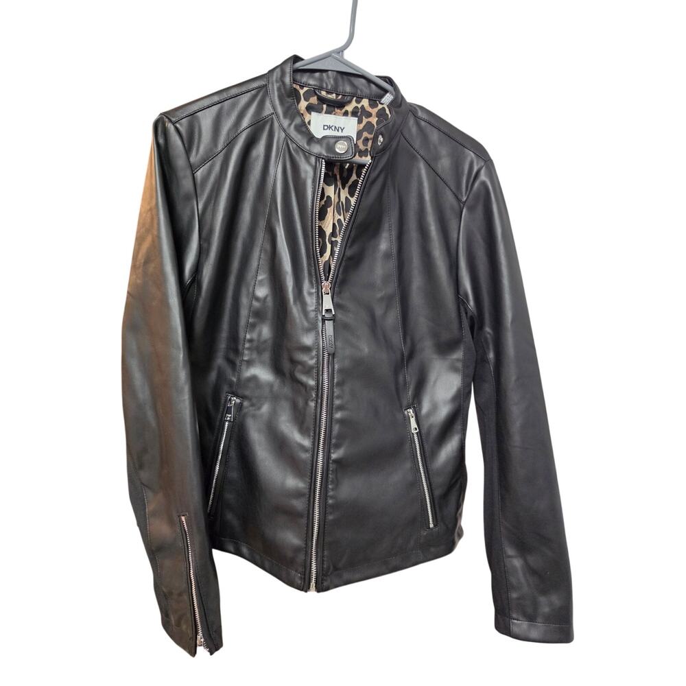 Faux Leather Black Moto Jacket With Snap Collar Size L